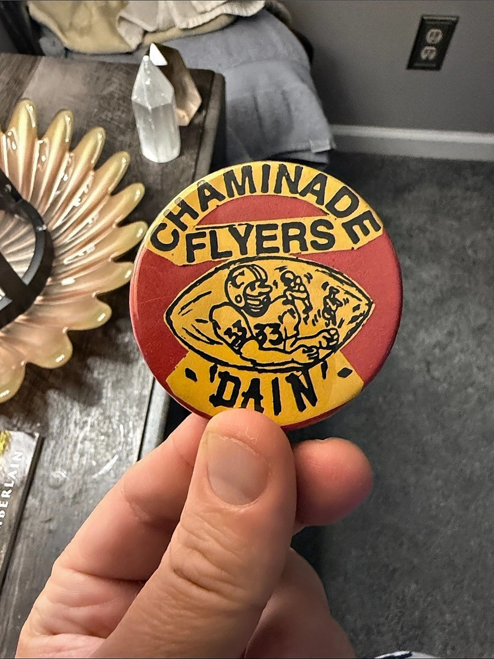 1970s Chaminade Flyers 'DAIN' Vintage Pinback Button Red & Yellow